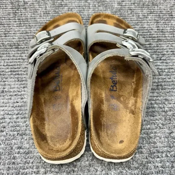 Betula Birkenstock Leo Sandals Womens 39/ 8-8.5 Silver Metal Buckle 3 Strap - Picture 3 of 10
